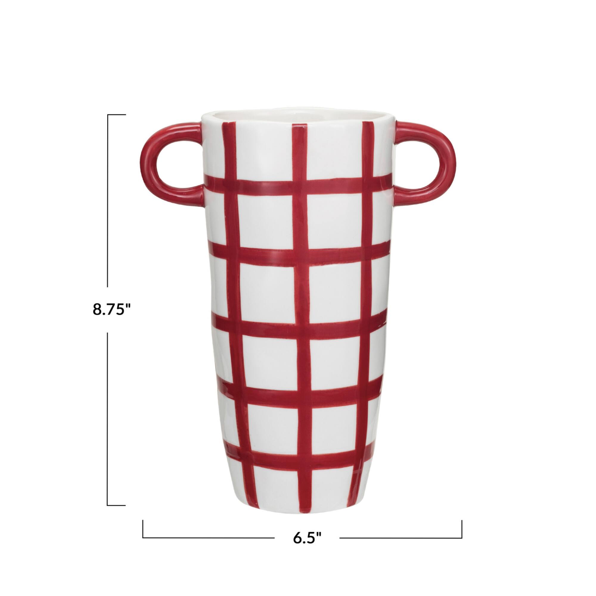 Hello Honey® 8.25" Hand-Painted Red & White Grid Stoneware Container with Handles